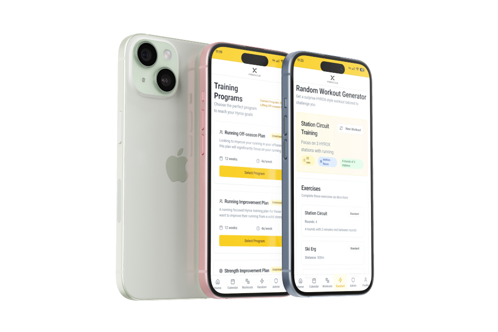 HybridX App Interface showing daily workout plans and a workout generator on a smartphone screen